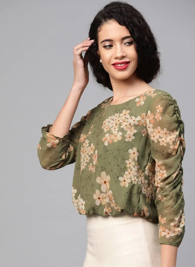 SASSAFRAS Olive Green Floral Blouson Top for Women