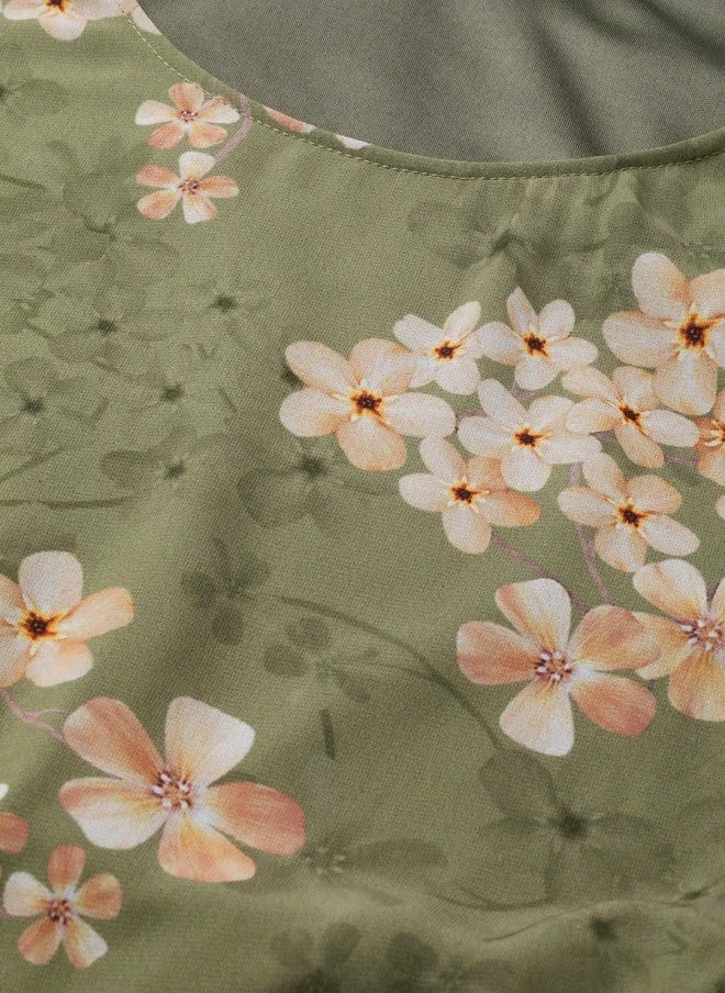 SASSAFRAS Olive Green Floral Blouson Top for Women