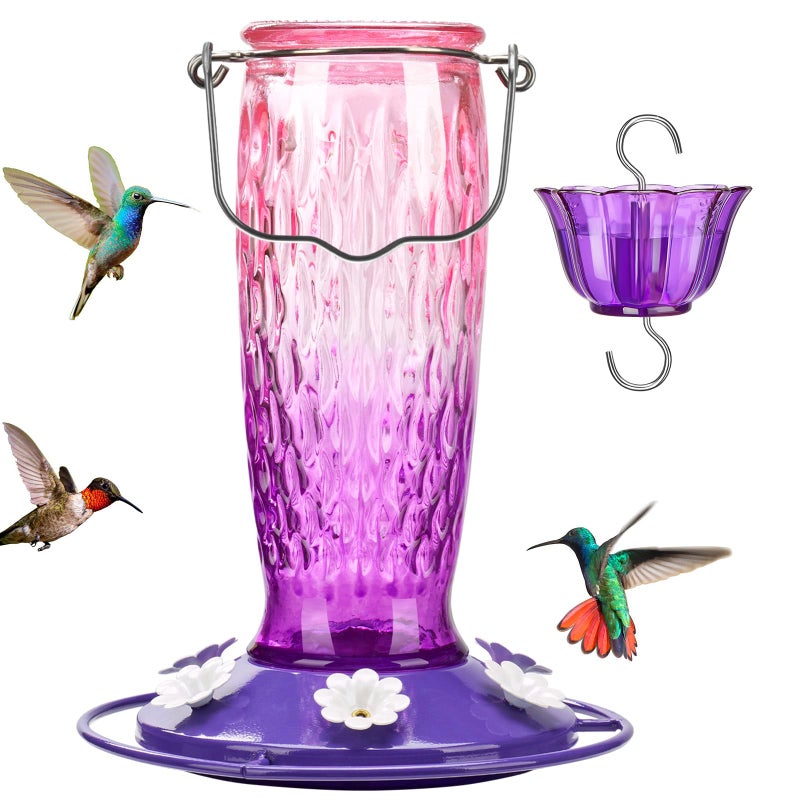 Kingsyard Hummingbird Feeders for Outdoors Hanging, 24 Ounce, Glass Hummingbird Feeder with Ant Moat & 6 Bee Guard Feeding Ports, Leak-Proof, Pink & Purple - Image 1