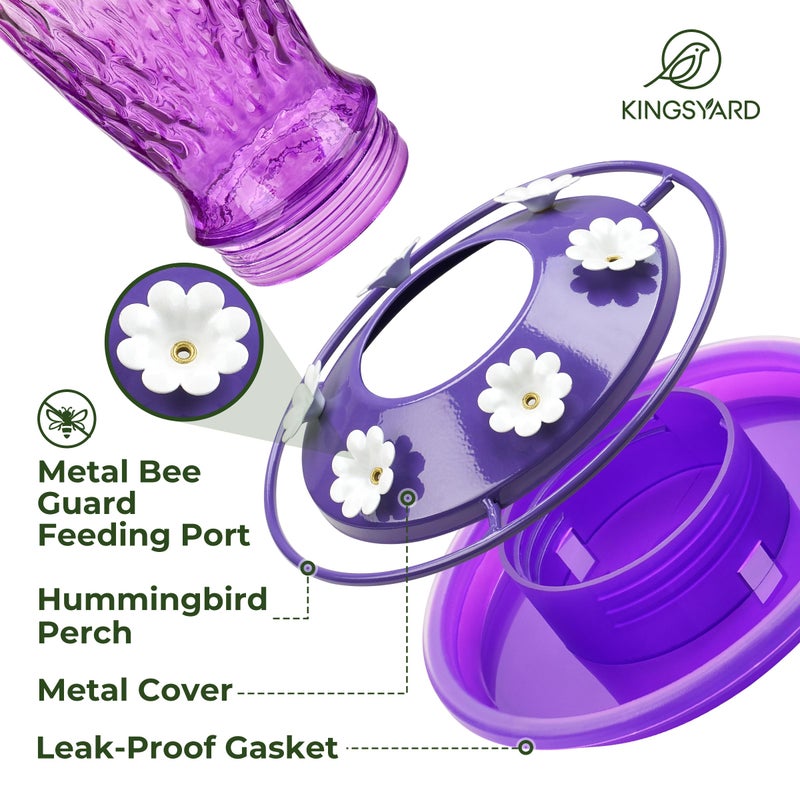 Kingsyard Hummingbird Feeders for Outdoors Hanging, 24 Ounce, Glass Hummingbird Feeder with Ant Moat & 6 Bee Guard Feeding Ports, Leak-Proof, Pink & Purple - Image 3