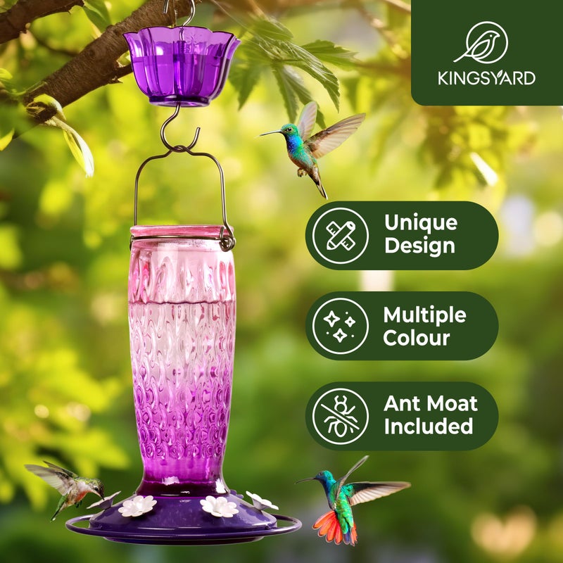 Kingsyard Hummingbird Feeders for Outdoors Hanging, 24 Ounce, Glass Hummingbird Feeder with Ant Moat & 6 Bee Guard Feeding Ports, Leak-Proof, Pink & Purple - Image 2
