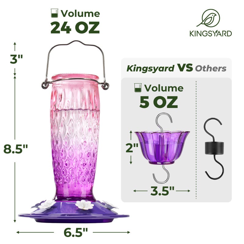 Kingsyard Hummingbird Feeders for Outdoors Hanging, 24 Ounce, Glass Hummingbird Feeder with Ant Moat & 6 Bee Guard Feeding Ports, Leak-Proof, Pink & Purple - Image 5