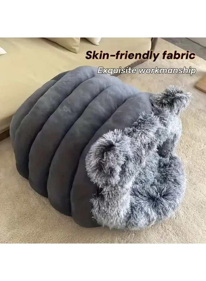 Deep Grey Cat Ear Pet Bed Cozy Igloo Shaped House Windproof Warm All Season - Image 4