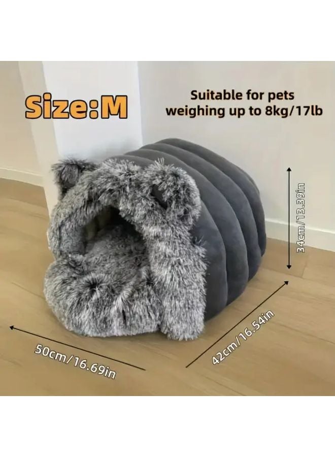 Deep Grey Cat Ear Pet Bed Cozy Igloo Shaped House Windproof Warm All Season - Image 3