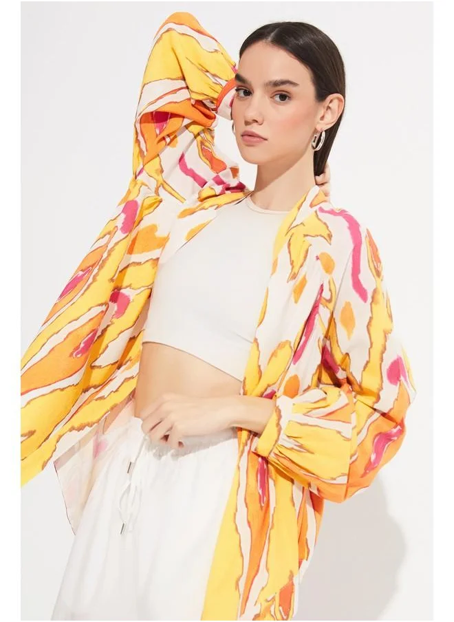 جون June Exclusive Patterned Linen Blend Kimono Orange