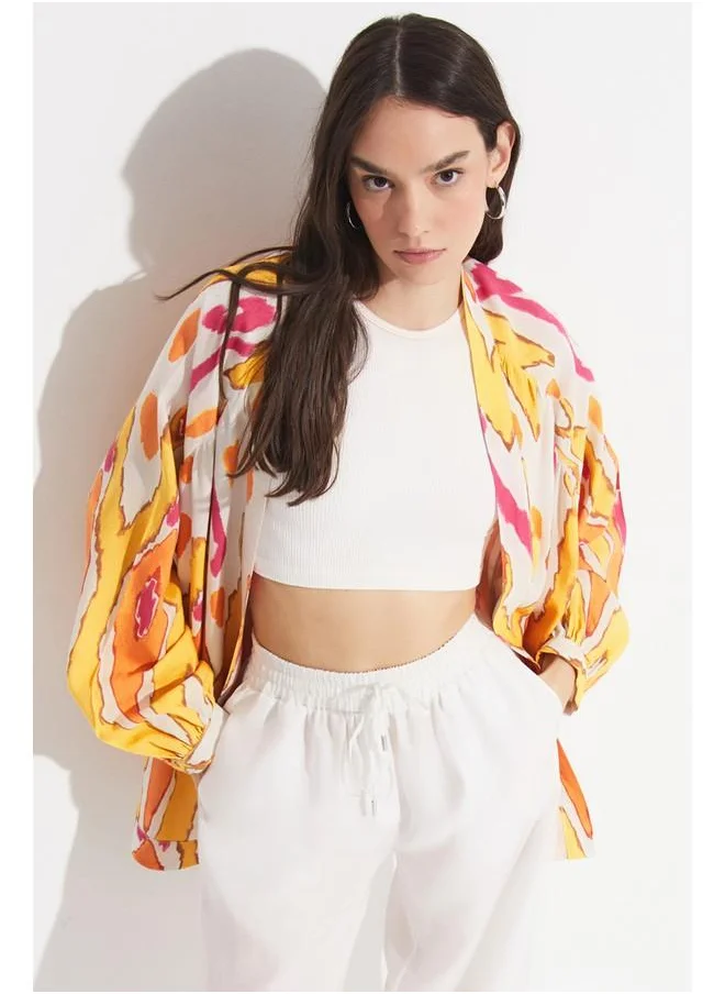 JUNE June Exclusive Patterned Linen Blend Kimono Orange