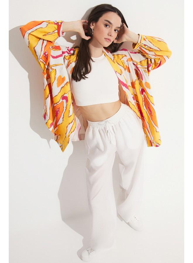 جون كيمونو كتان بنقوش حصرية - برتقالي - Image 5