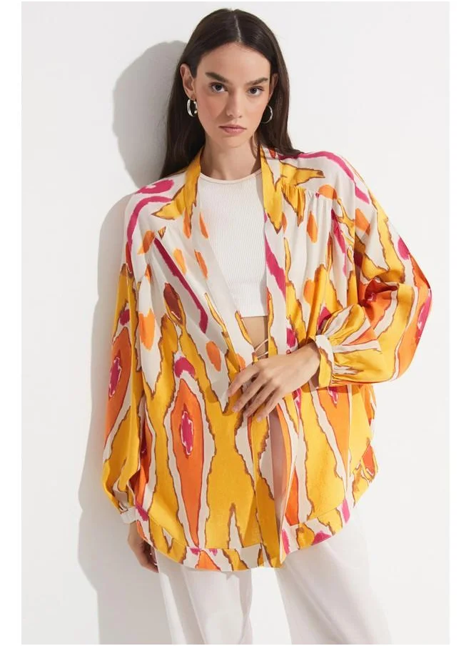 جون June Exclusive Patterned Linen Blend Kimono Orange