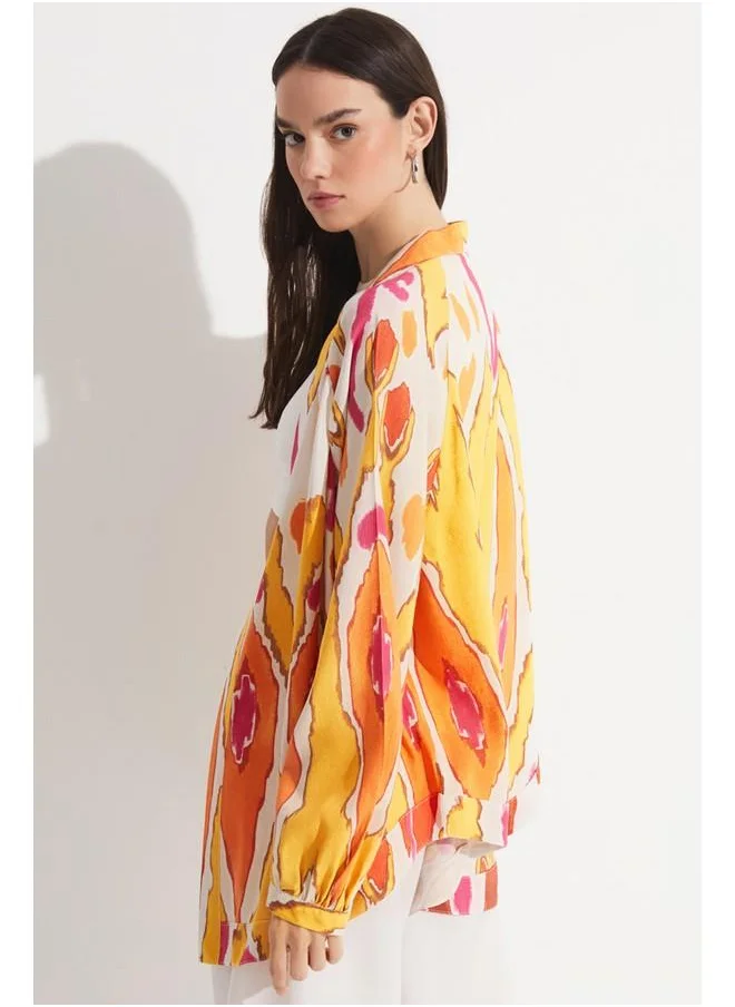 JUNE June Exclusive Patterned Linen Blend Kimono Orange