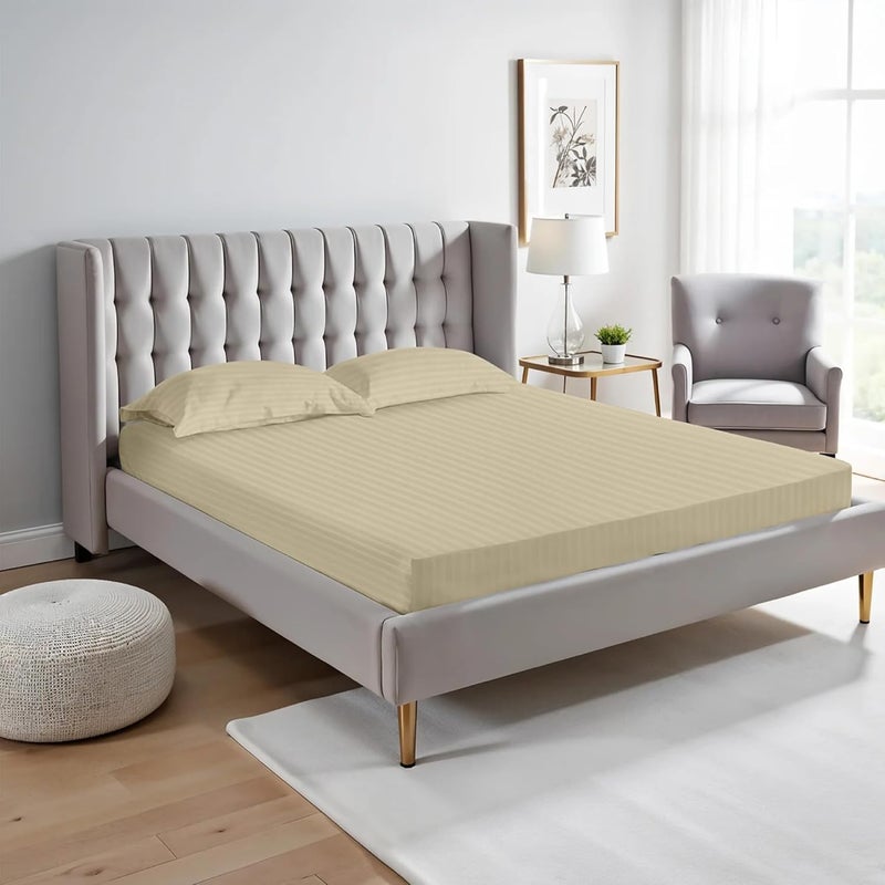 FOAM CRAFT Foamcraft Striped Deep Pocket Fitted Sheet - Beige, Queen Size (150 x 200cm) - Image 1