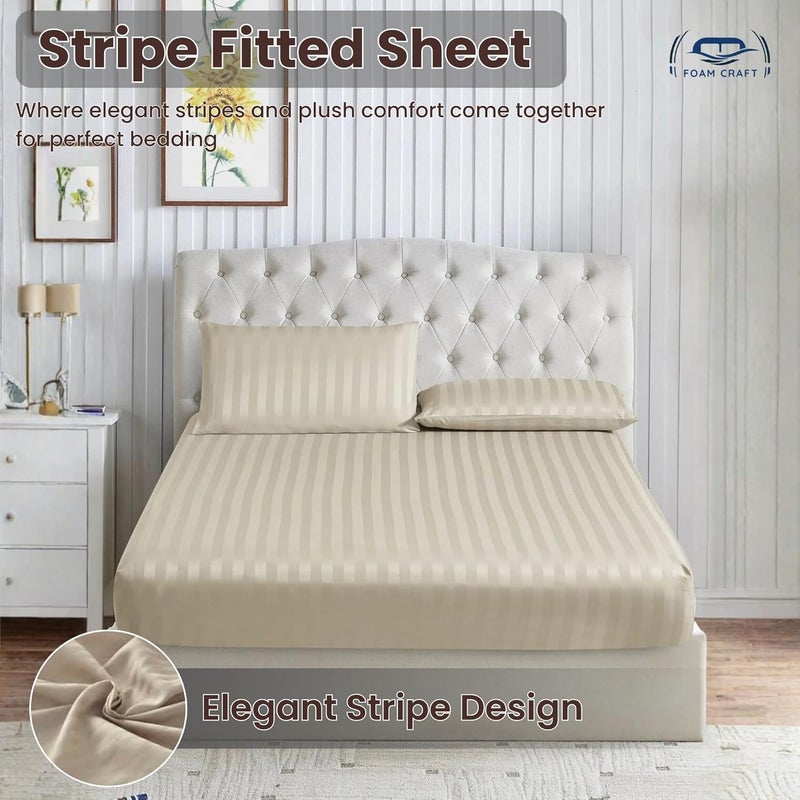 FOAM CRAFT Foamcraft Striped Deep Pocket Fitted Sheet - Beige, Queen Size (150 x 200cm) - Image 3