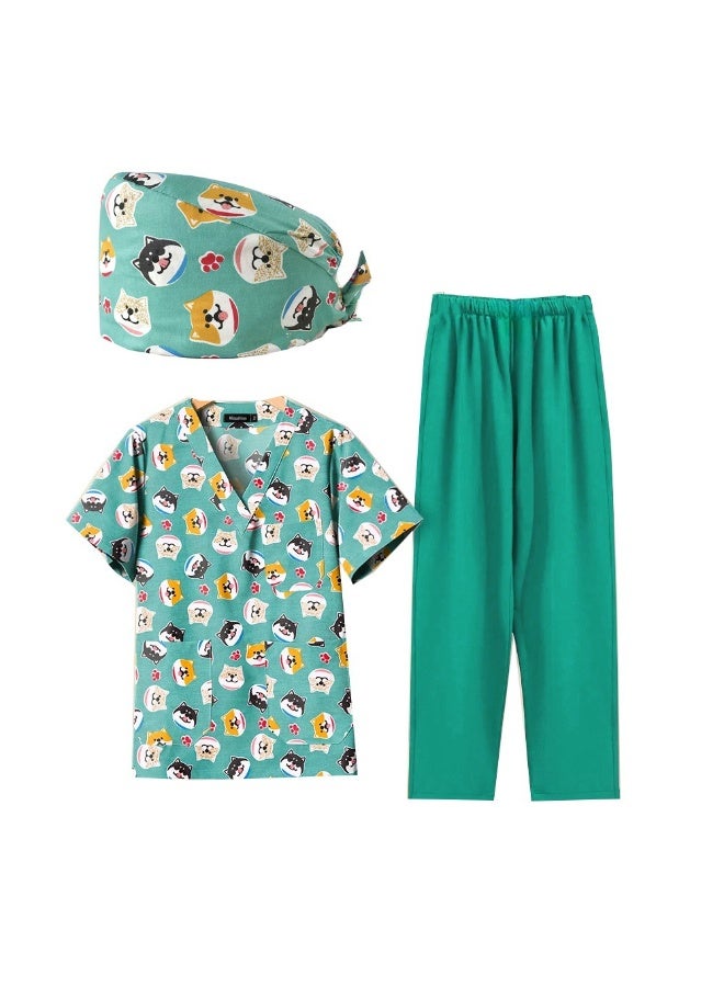 Loquat Womens Medical Scrubs Set Medical Uniform Set Green Doghead - Image 1