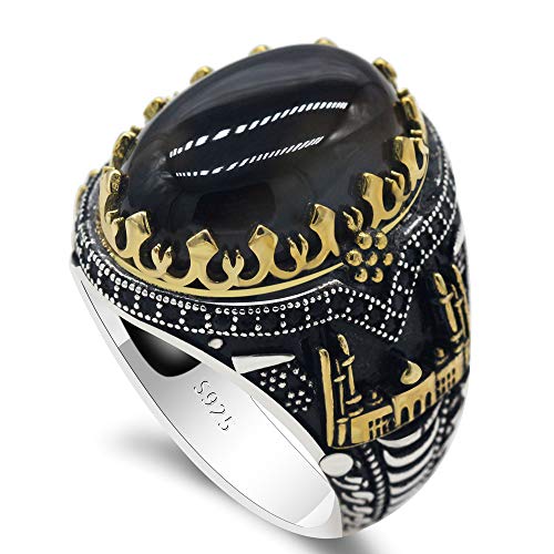 Qida Natural Agate S925 Pure Silver Black Agate Stone Men's Ring Vintage Castle Men's Ring Gothic Unique Bracelet (Size 11) - Image 1