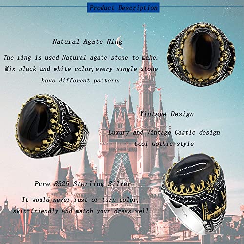 Qida Natural Agate S925 Pure Silver Black Agate Stone Men's Ring Vintage Castle Men's Ring Gothic Unique Bracelet (Size 11) - Image 3