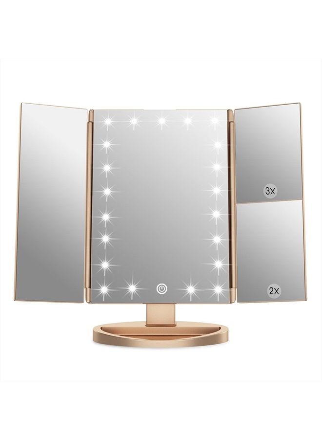 WEILY Makeup Mirror with 21 LED Lights,Two Power Supply, Touch Screen and 1x/2x/3x Magnification Tri-Fold Vanity Mirror, Gift for Women(Gold) - Image 1