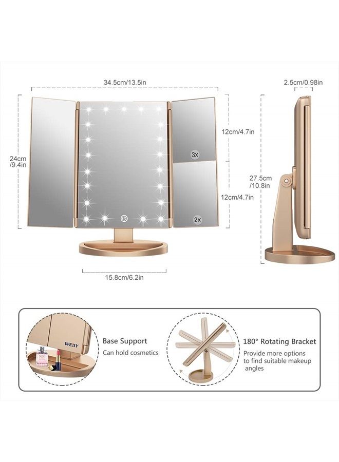 WEILY Makeup Mirror with 21 LED Lights,Two Power Supply, Touch Screen and 1x/2x/3x Magnification Tri-Fold Vanity Mirror, Gift for Women(Gold) - Image 4