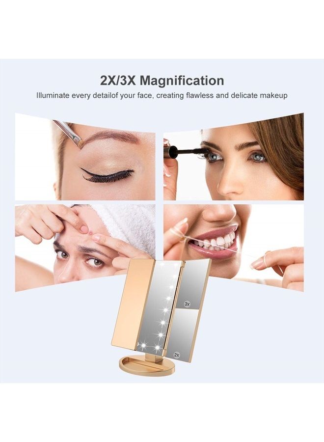 WEILY Makeup Mirror with 21 LED Lights,Two Power Supply, Touch Screen and 1x/2x/3x Magnification Tri-Fold Vanity Mirror, Gift for Women(Gold) - Image 3