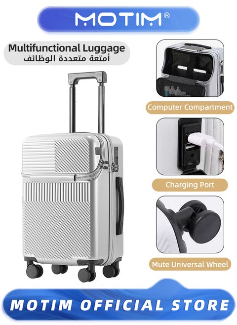 Travel Luggage Carry-On Luggage With Front Open Laptop Compartment Pocket and USB Port Aluminum Framed Suitcase With Spinner Wheels Large Capacity Checked-in Luggage
