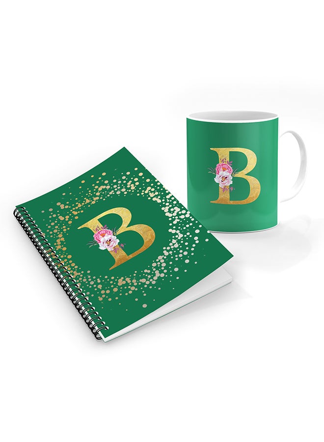 Stylizedd Printed Coffee Mug A5 Spiral Notebook Memo Personalized Combo Gift Set Custom Monogram Initial Letter Floral Pattern Alphabet -  B (Spring Green)