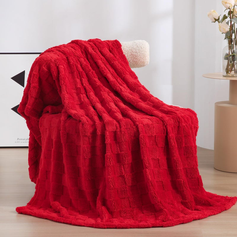 Linecooo Red Fleece Throw Blanket 5060 for Couch Sofa BedSuper Soft Cozy Plush Microfiber Flannel Blanket with 3D Checkered Design Lightweight Decorations for AdultsWomanGirls