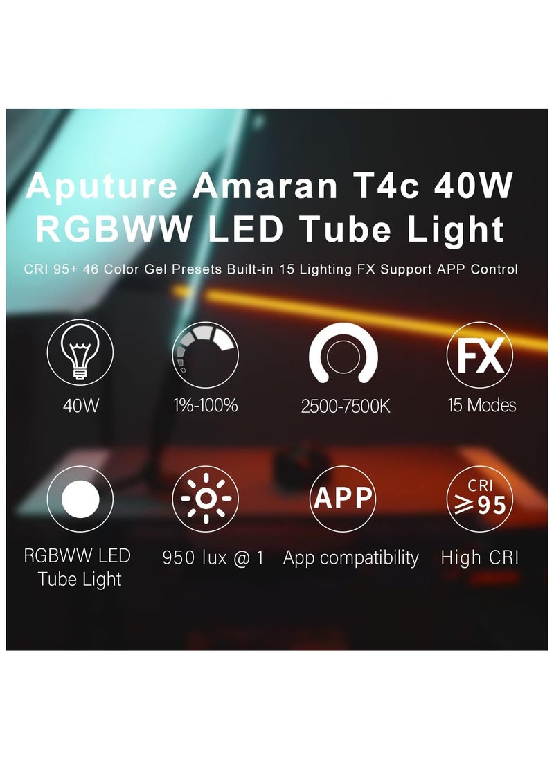 Amaran T4C RGBWW LED Tube Light – 4-Foot 40W Full-Color LED Tube with Adjustable CCT (2500K–7500K), Removable Battery Grip, Sidus Link App & DMX Control, Built-in Lighting Effects, Portable for Video, Film, and Creative Content