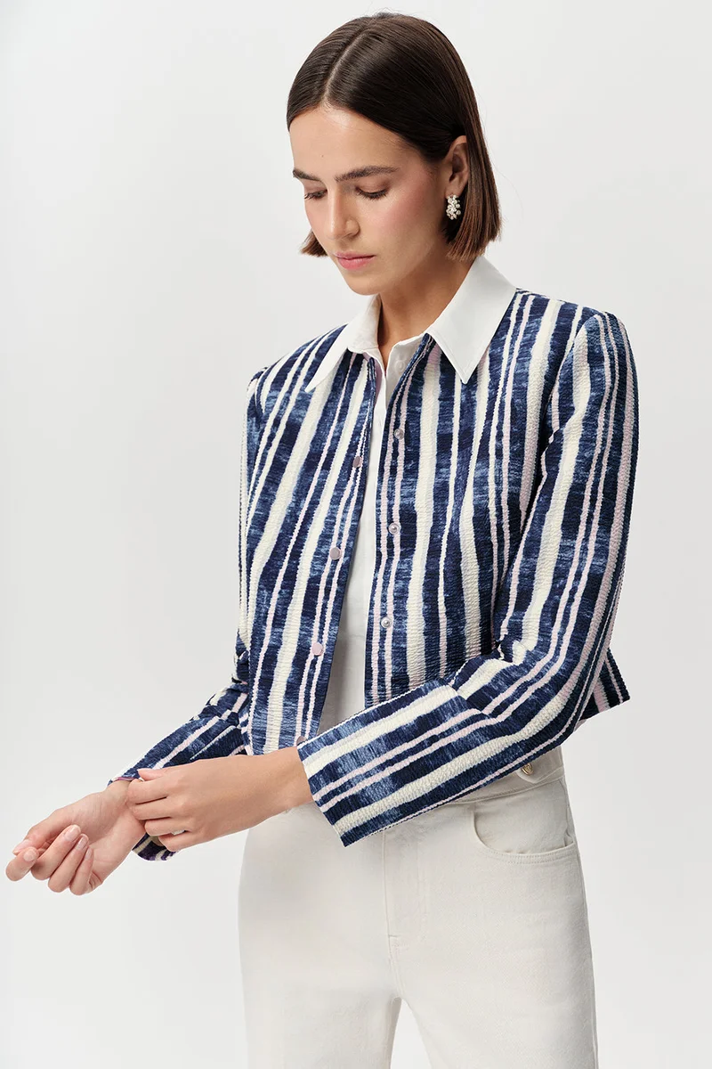 Exquise Crew Neck Padded Wavy Regular Navy Blue Bone Jacket