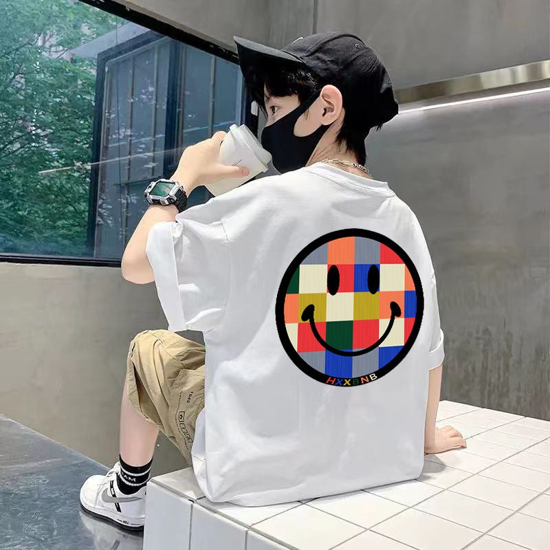 Boys' Smiley Short-Sleeved T-Shirt 2024 Style Zhongda Children'S Fashionable Brand Loose Top Half-Sleeved Fashionable Cool T-Shirt - Image 3