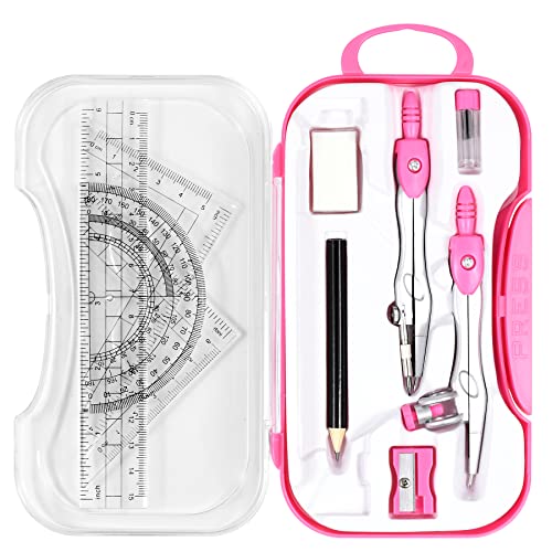 Unjoo Math Geometry Kit Sets 10 Piece Student Supplies with Shatterproof Storage Box,Includes Rulers,Protractor,Compass,Eraser,Pencil Sharpener,Lead Refills,Pencil,for Drafting and Drawings（Pink） - Image 1