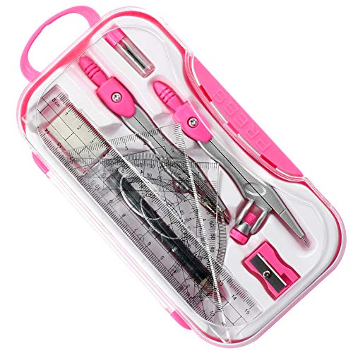 Unjoo Math Geometry Kit Sets 10 Piece Student Supplies with Shatterproof Storage Box,Includes Rulers,Protractor,Compass,Eraser,Pencil Sharpener,Lead Refills,Pencil,for Drafting and Drawings（Pink） - Image 3