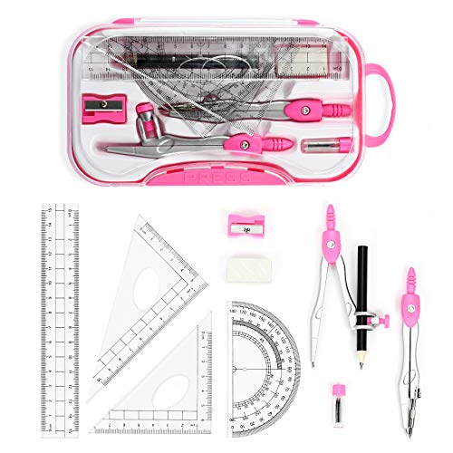 Unjoo Math Geometry Kit Sets 10 Piece Student Supplies with Shatterproof Storage Box,Includes Rulers,Protractor,Compass,Eraser,Pencil Sharpener,Lead Refills,Pencil,for Drafting and Drawings（Pink） - Image 2