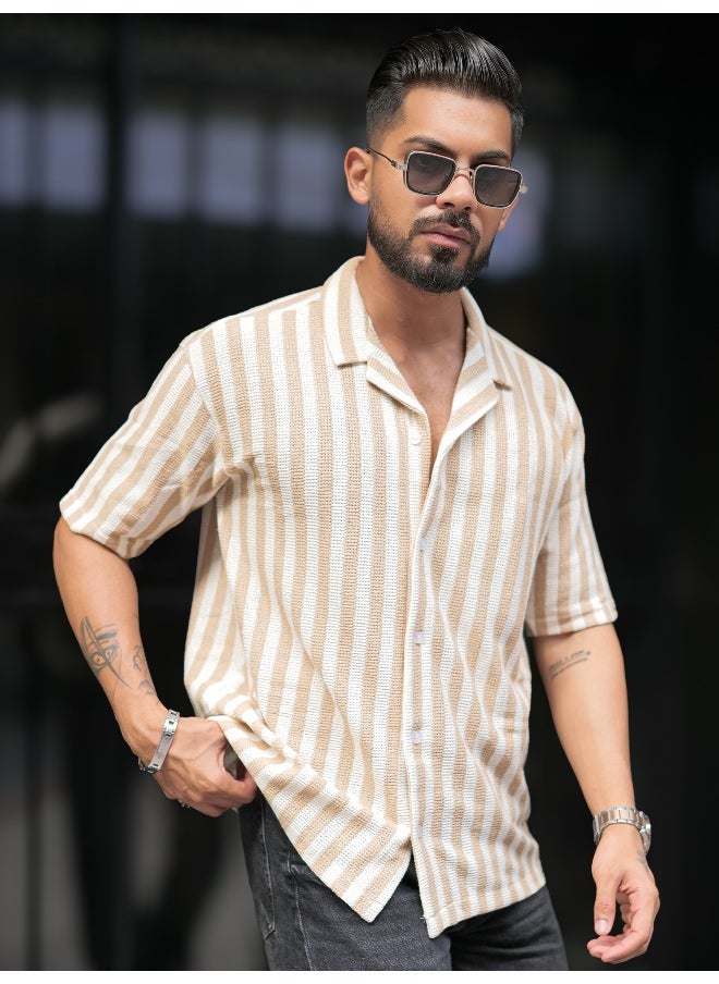 Maniac Mens Striped Collared Neck 3/4th Sleeve Beige and White Waffle Knitted Shirt  - Image 2