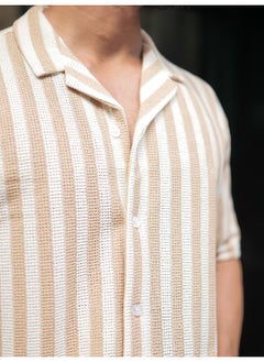 Maniac Mens Striped Collared Neck 3/4th Sleeve Beige and White Waffle Knitted Shirt  - Image 5