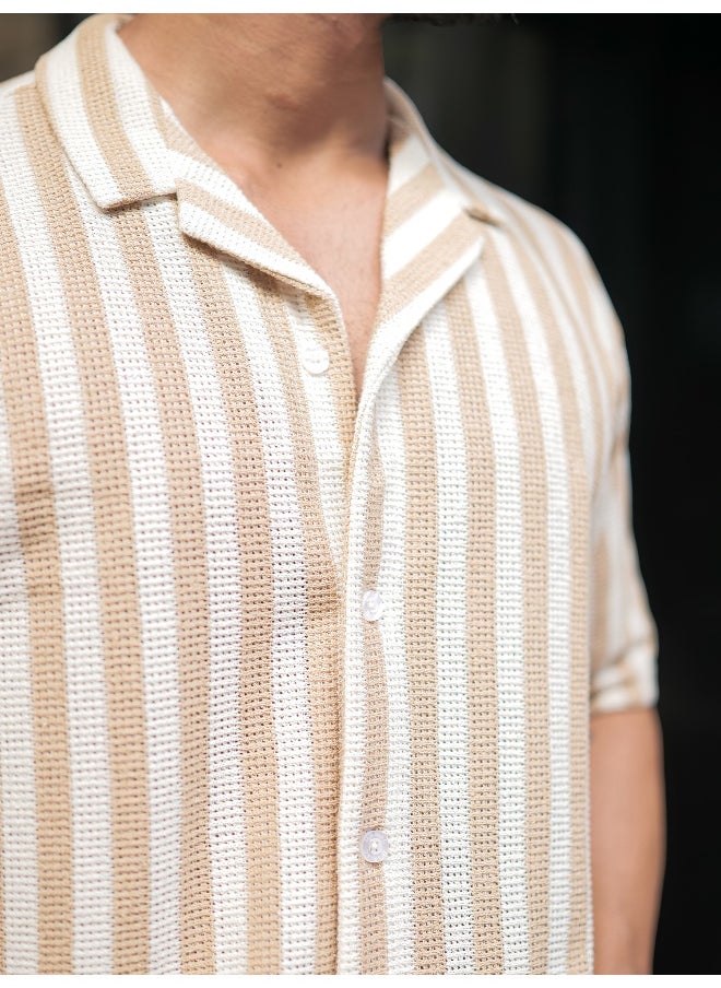 Maniac Mens Striped Collared Neck 3/4th Sleeve Beige and White Waffle Knitted Shirt  - Image 5