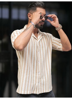 Maniac Mens Striped Collared Neck 3/4th Sleeve Beige and White Waffle Knitted Shirt  - Image 3