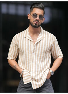 Maniac Mens Striped Collared Neck 3/4th Sleeve Beige and White Waffle Knitted Shirt  - Image 1