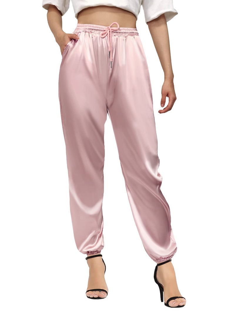 Betusline Women's Jogger Pants, Solid Color Flowy Satin Drawstring Casual Pants for Women, Pink, US Small = Tag S - Image 1