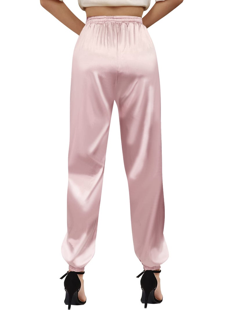 Betusline Women's Jogger Pants, Solid Color Flowy Satin Drawstring Casual Pants for Women, Pink, US Small = Tag S - Image 3