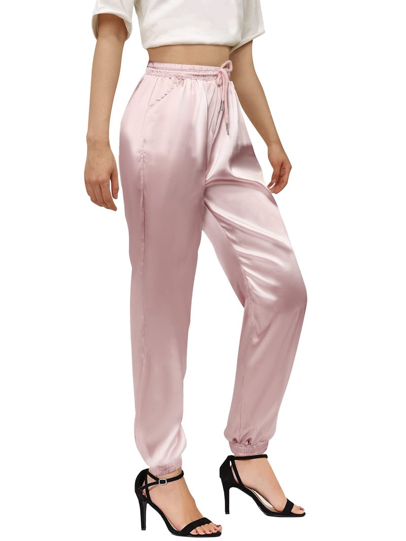 Betusline Women's Jogger Pants, Solid Color Flowy Satin Drawstring Casual Pants for Women, Pink, US Small = Tag S - Image 2