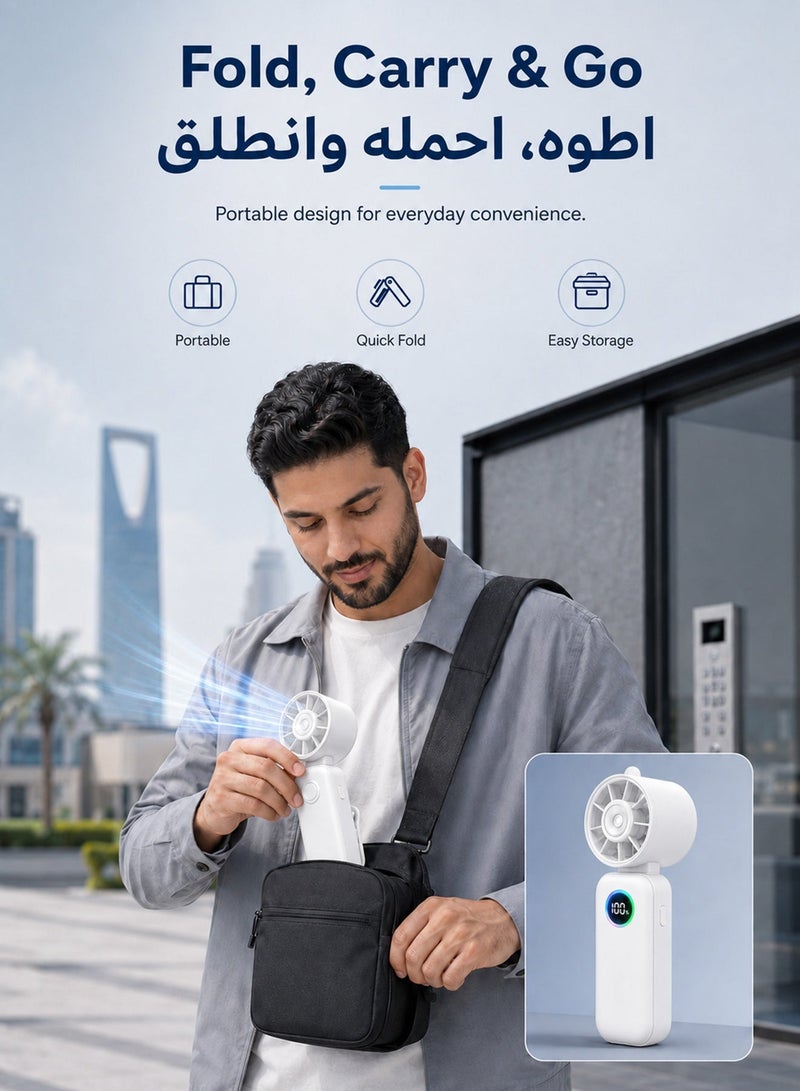 سوسيتي مروحة رذاذ محمولة قابلة للطي 90° مع مشبك، رأس دوار 180°، تحكم في تدفق الهواء حتى 100 مستوى، شاشة LED للبطارية، شحن USB، رذاذ ناعم للتبريد، مناسبة للمكتب والسفر والتخييم والشاطئ، أبيض - Image 4