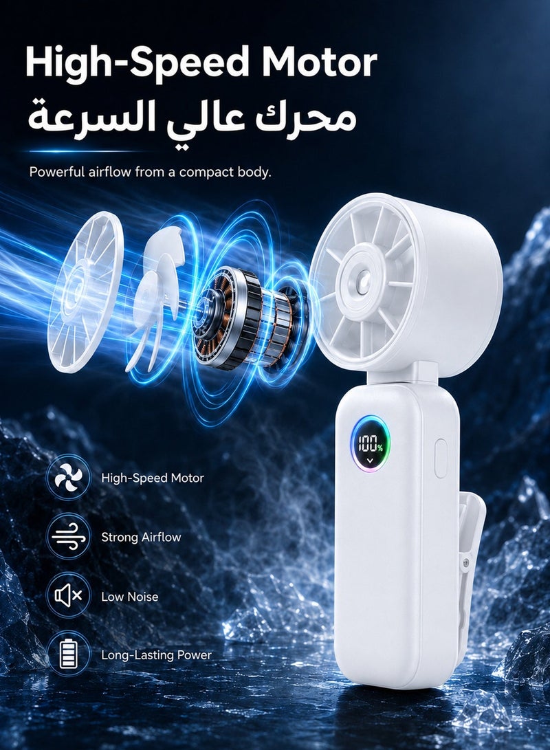 سوسيتي مروحة رذاذ محمولة قابلة للطي 90° مع مشبك، رأس دوار 180°، تحكم في تدفق الهواء حتى 100 مستوى، شاشة LED للبطارية، شحن USB، رذاذ ناعم للتبريد، مناسبة للمكتب والسفر والتخييم والشاطئ، أبيض - Image 2