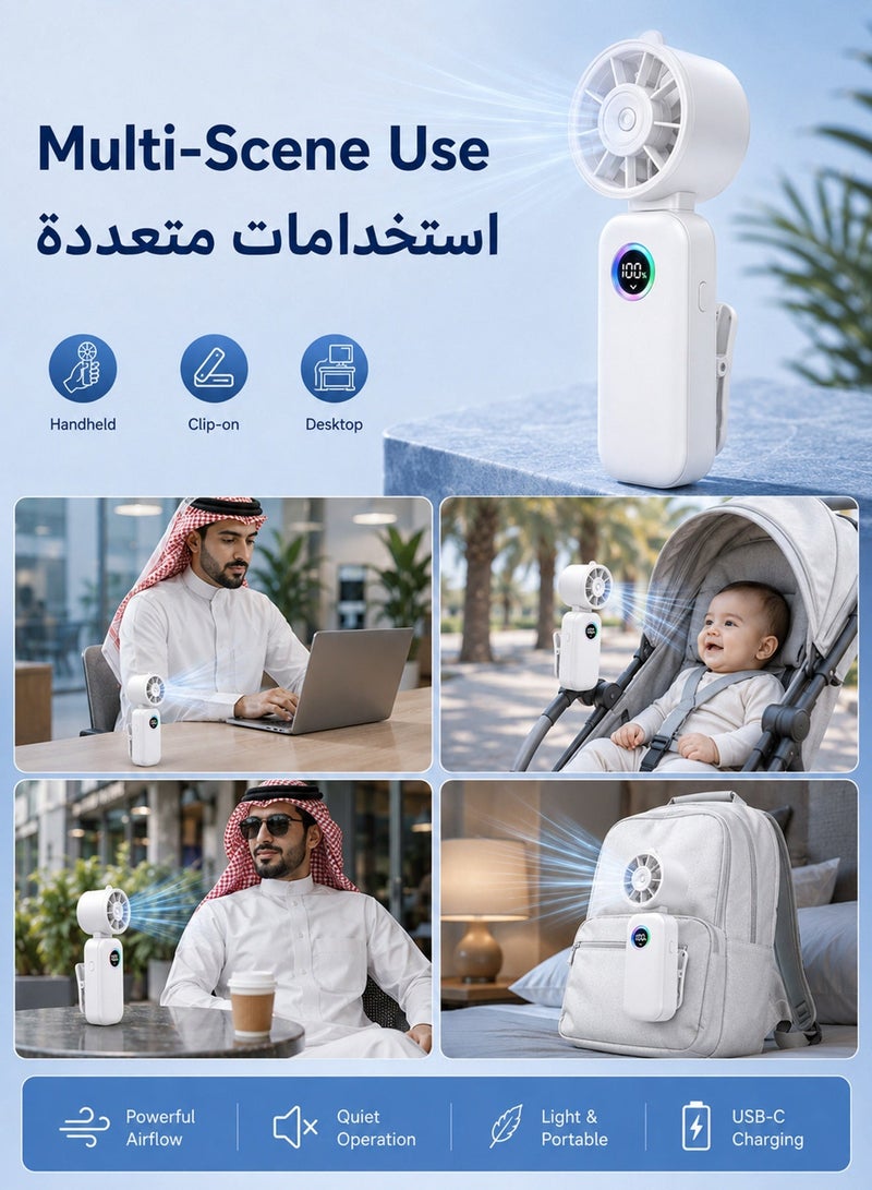 سوسيتي مروحة رذاذ محمولة قابلة للطي 90° مع مشبك، رأس دوار 180°، تحكم في تدفق الهواء حتى 100 مستوى، شاشة LED للبطارية، شحن USB، رذاذ ناعم للتبريد، مناسبة للمكتب والسفر والتخييم والشاطئ، أبيض - Image 5