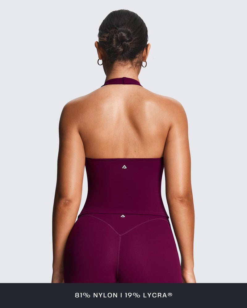 Aoxjox Women's Sleeveless Athlenza Halter Tank Tops Workout Athletics Lumastretchâ„¢ Yoga Curve Longline Crop Top (Burgundy, Small) - Image 3