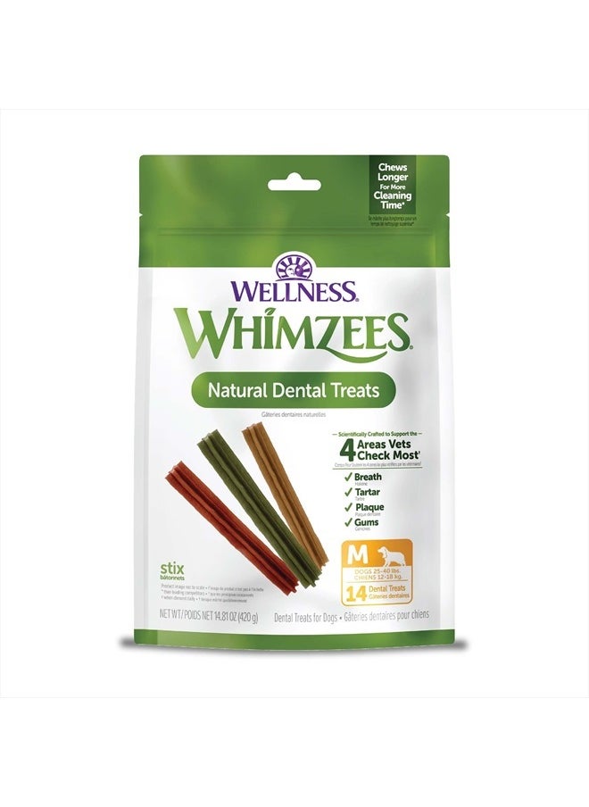 WHIMZEES by Wellness Stix Natural Dental Chews for Dogs, 3X Longer Lasting & Grain-Free, Freshen Breath & Fight Plaque & Tartar, Medium Breed, 14 Count 