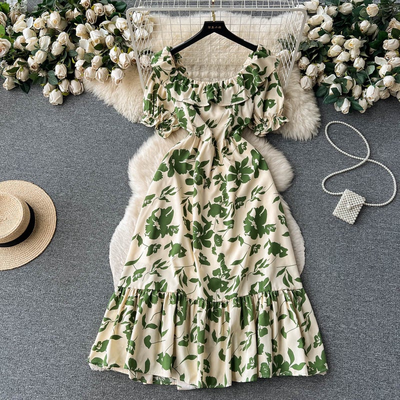 Summer ink painting printing ladies slim-fit mid-length dress womens summer rose waist-tight skirt fashion Apricot bottom green leaf 
