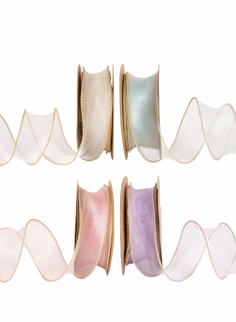 Organza Wired Sheer Ribbon 4 Rolls 4cm x 10Yd Chiffon with Golden Edge for Gift Wrapping, DIY Crafts Bouquet Garland Baking Decoration - Image 1