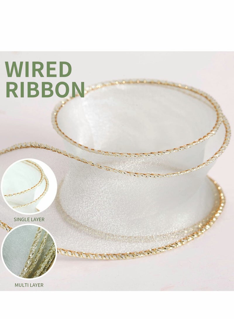 Organza Wired Sheer Ribbon 4 Rolls 4cm x 10Yd Chiffon with Golden Edge for Gift Wrapping, DIY Crafts Bouquet Garland Baking Decoration - Image 5