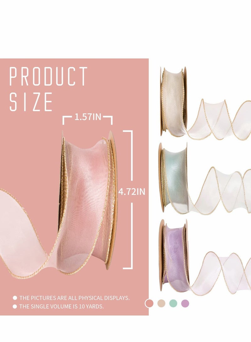 Organza Wired Sheer Ribbon 4 Rolls 4cm x 10Yd Chiffon with Golden Edge for Gift Wrapping, DIY Crafts Bouquet Garland Baking Decoration - Image 2