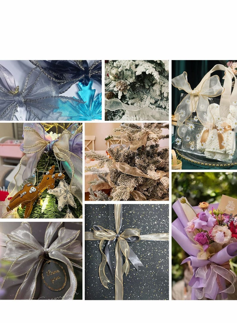 Organza Wired Sheer Ribbon 4 Rolls 4cm x 10Yd Chiffon with Golden Edge for Gift Wrapping, DIY Crafts Bouquet Garland Baking Decoration - Image 4