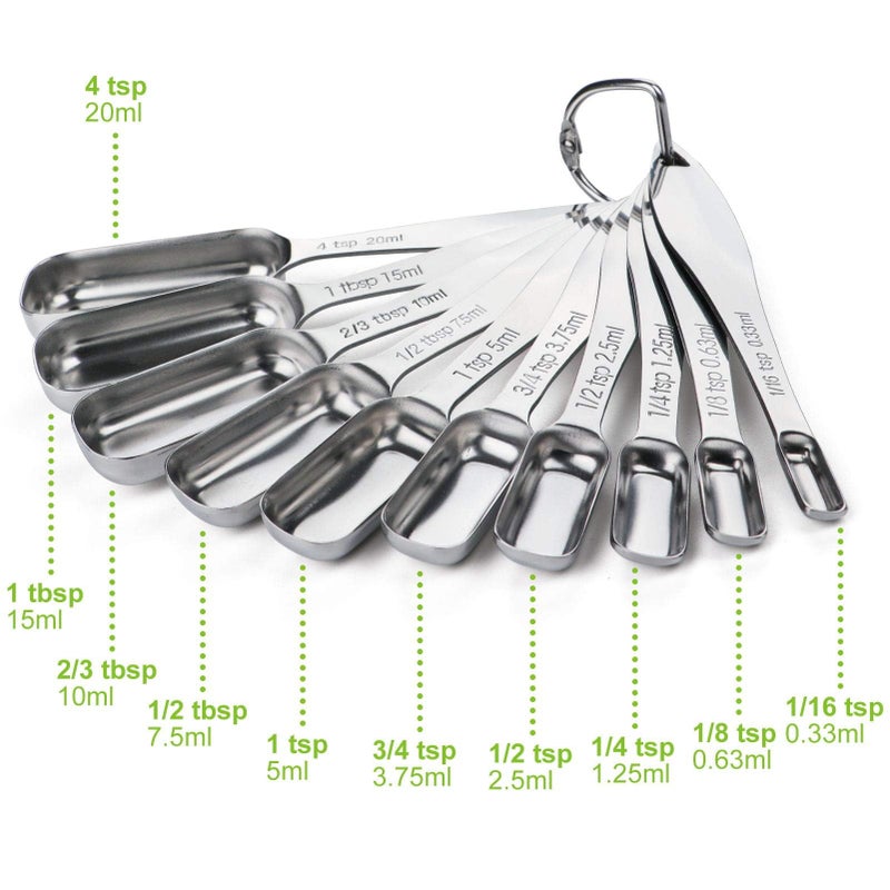 FANGSUN Stainless Steel Narrow Measuring Spoons, Heavy Duty Metal Measuring Spoons with Long Handle and Engraved Measurements Set of 10, For Dry or Liquid, Fits in Spice Jar - Image 5