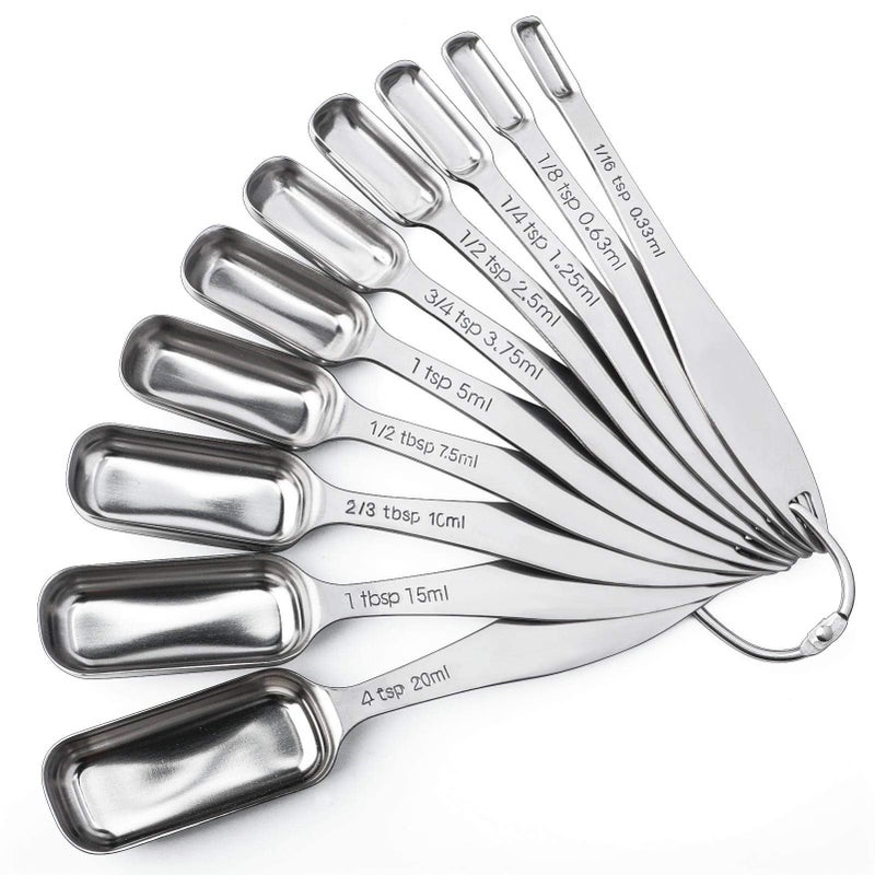 FANGSUN Stainless Steel Narrow Measuring Spoons, Heavy Duty Metal Measuring Spoons with Long Handle and Engraved Measurements Set of 10, For Dry or Liquid, Fits in Spice Jar - Image 1